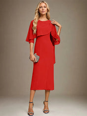 Sheath/Column Scoop Tea Length Chiffon Dress With Pleated Beading