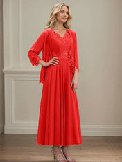 A-line V-Neck Ankle-Length Chiffon Mother of the Bride Dress With Sequins Appliques Lace Beading