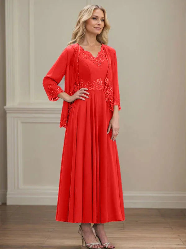Robe de mère de la mariée trapèze en mousseline de soie, col en V, longueur cheville, avec appliques à paillettes et perles en dentelle 