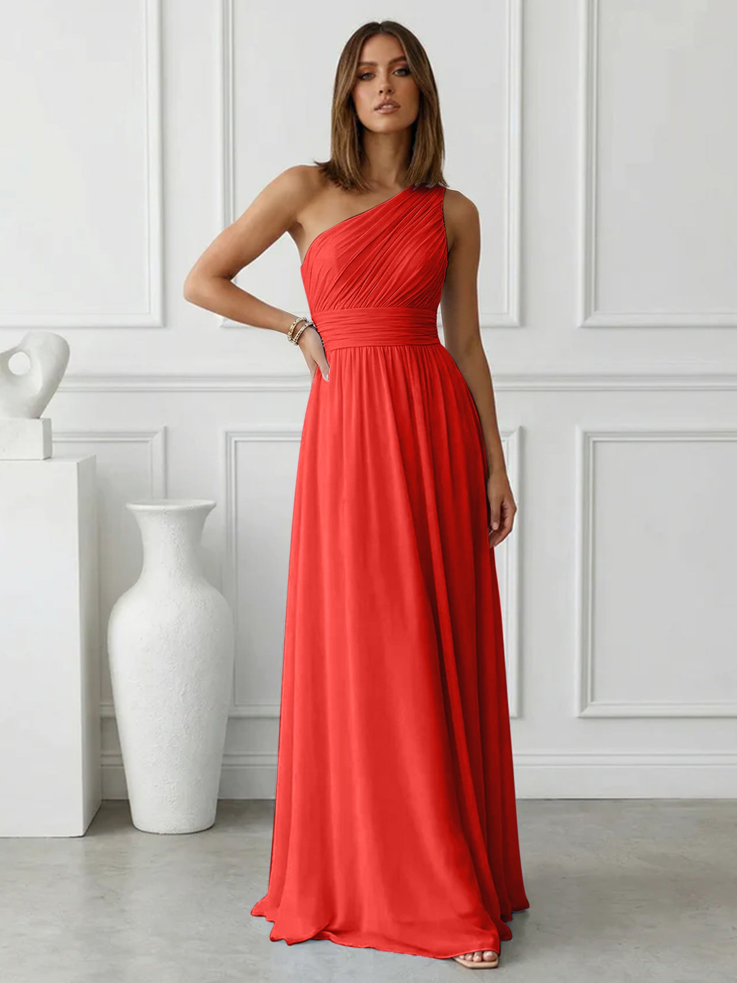 Timeless Light Blue One-Shoulder Maxi Dress Ruched Chiffon Gown