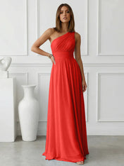 Timeless Light Blue One-Shoulder Maxi Dress Ruched Chiffon Gown