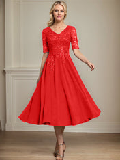 A-line V-Neck Tea-Length Lace Chiffon Mother of the Bride Dress With Sequins