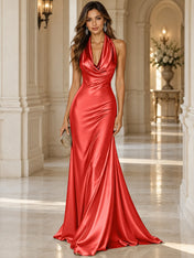 Elegant and Luxurious Cowl-neck Champagne Gold Satin Maxi Dress