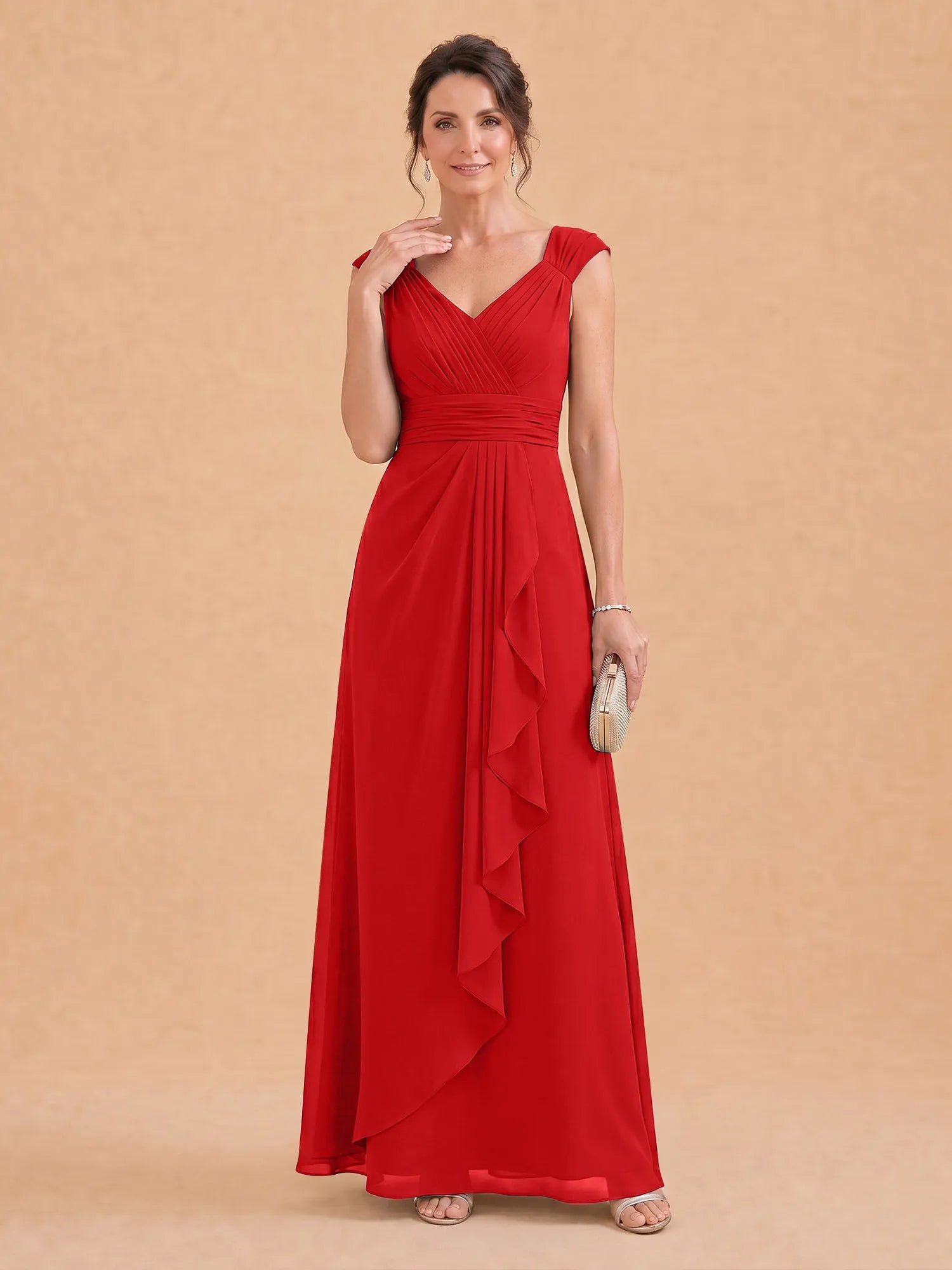 V-Neck Ruched Chiffon A-Line Mother of the Bride Dress with Cascading Ruffle