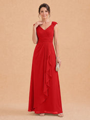 V-Neck Ruched Chiffon A-Line Mother of the Bride Dress with Cascading Ruffle
