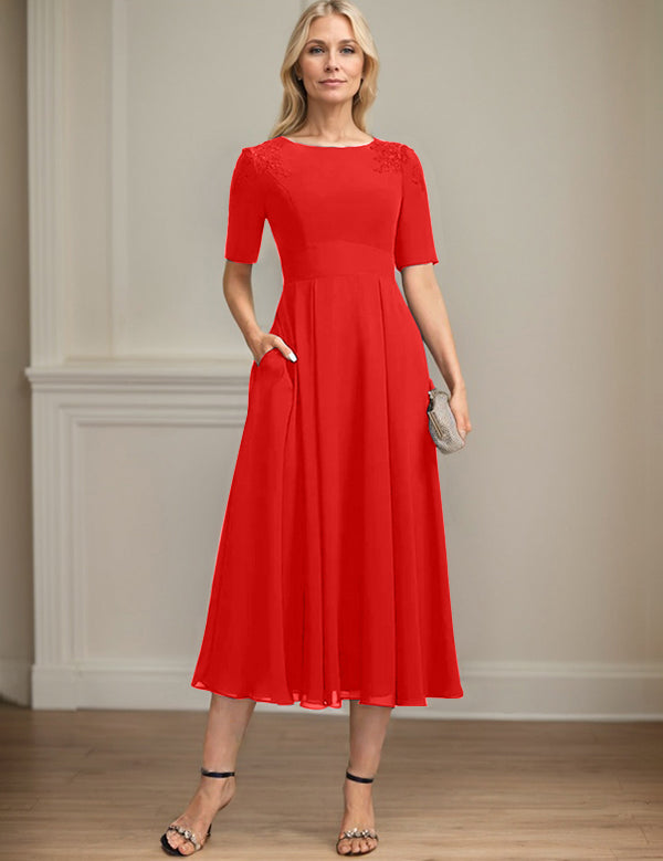 A-line Scoop Tea-Length Chiffon Mother of the Bride Dress With Appliques Lace Sequins