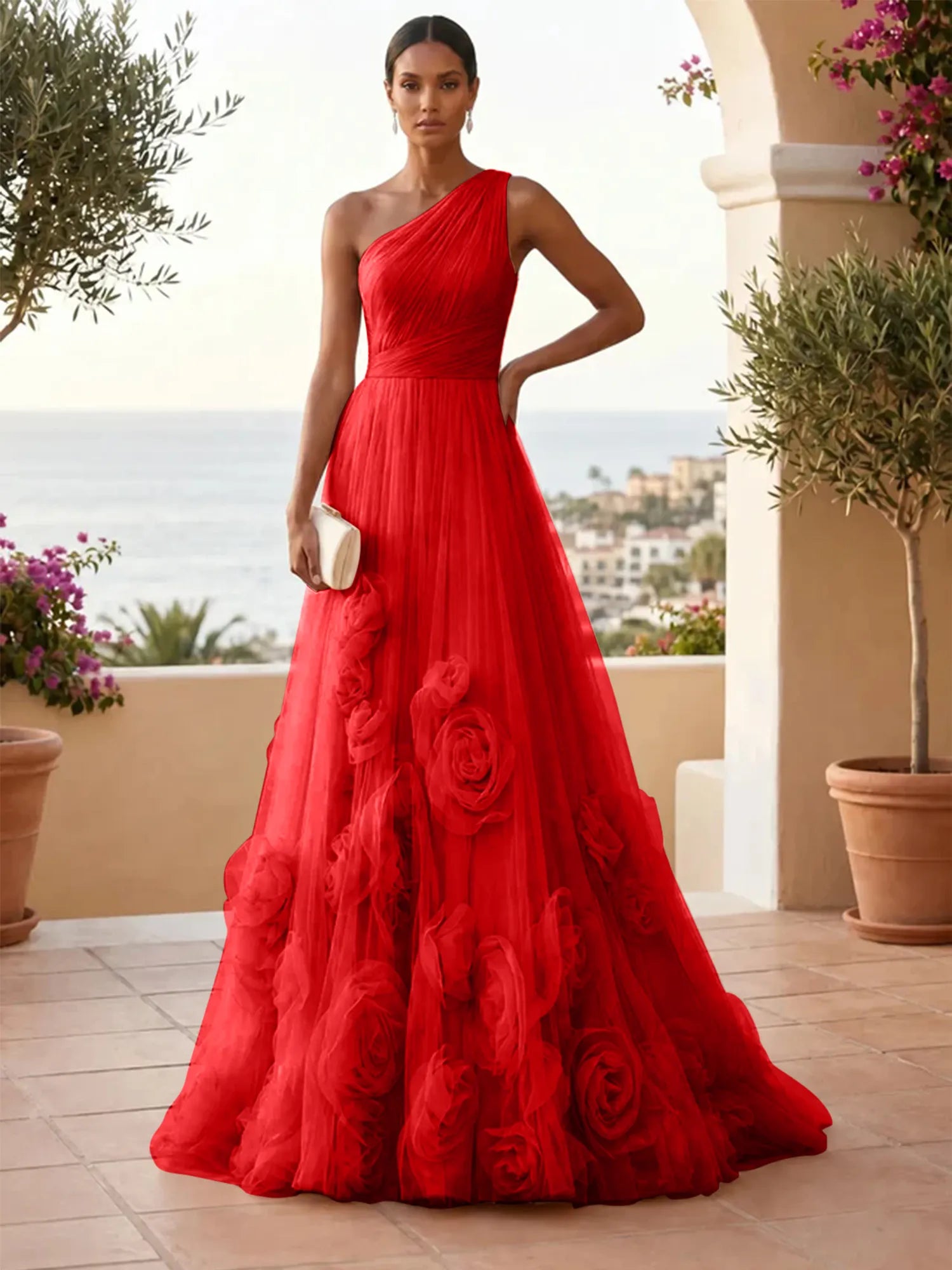 One-Shoulder Sweetheart Tulle Ball Gown with 3D Floral Accents Evening Dresses