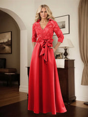 Classic V-Neck Bow Accented Satin Mother Of The Bride Dress With Lace