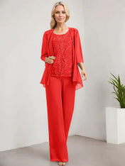 Separates Jumpsuit/Pantsuit Scoop Floor-Length Lace Chiffon Mother of the Bride Dress With Sequins