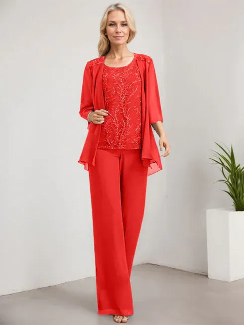 Pantsuit Scoop Floor-Length Lace Chiffon Mother of the Bride Dress With Sequins