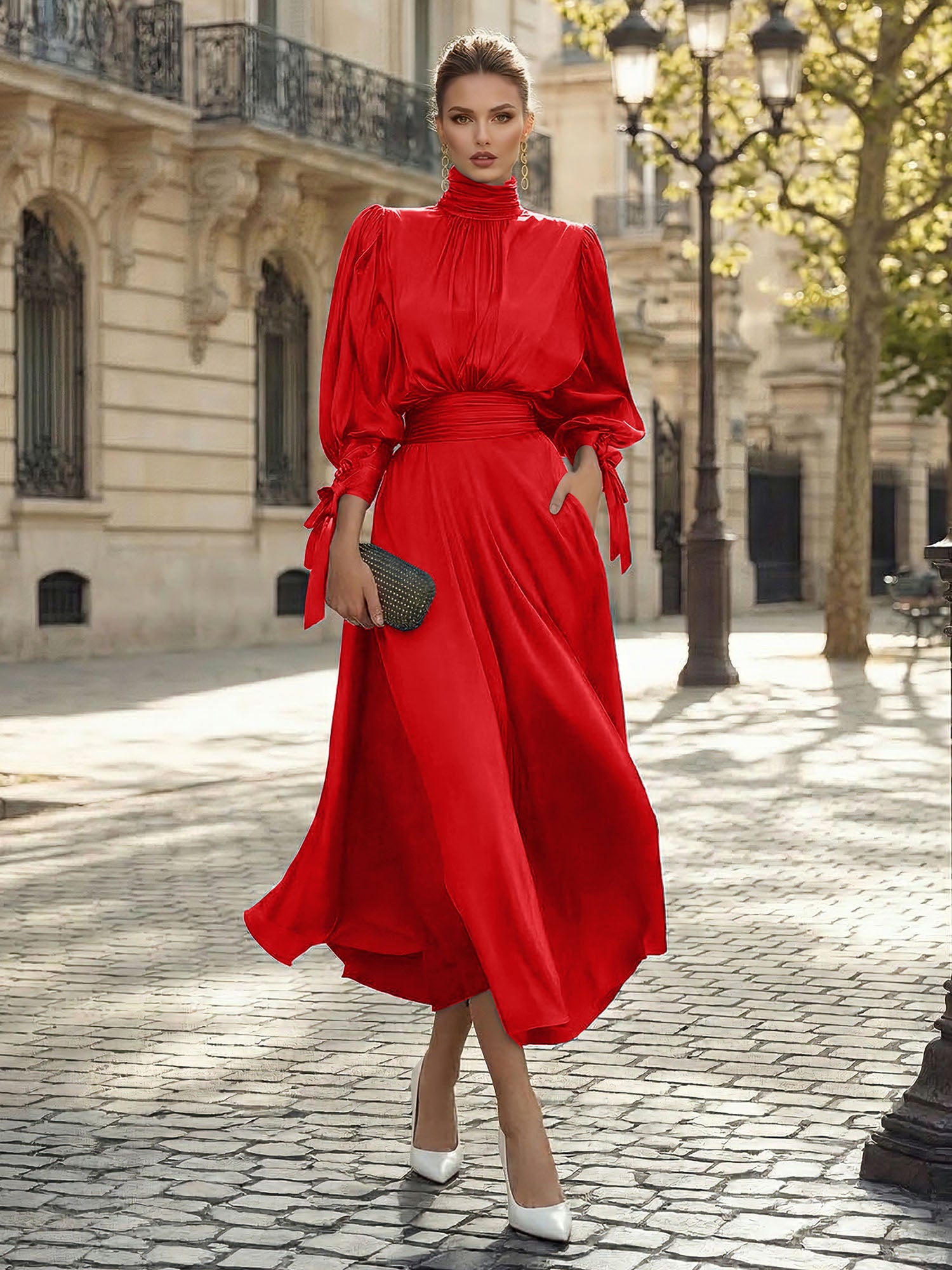 Sophisticated Emerald Green Satin High-Neck Midi Dress Gown