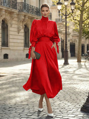Sophisticated Emerald Green Satin High-Neck Midi Dress Gown