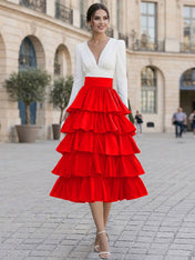 Chic Formal Evening Gown Monochrome V-Neck Tiered Ruffle Midi Dress
