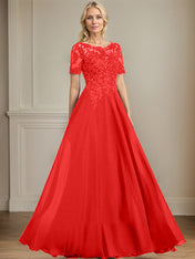 A-line Scoop Illusion Floor-Length Chiffon Lace Mother of the Bride Dress With Sequins Beading