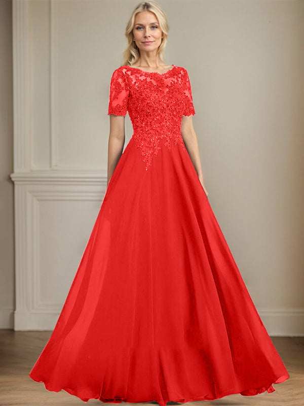 A-line Scoop Illusion Floor-Length Chiffon Lace Mother of the Bride Dress With Sequins Beading