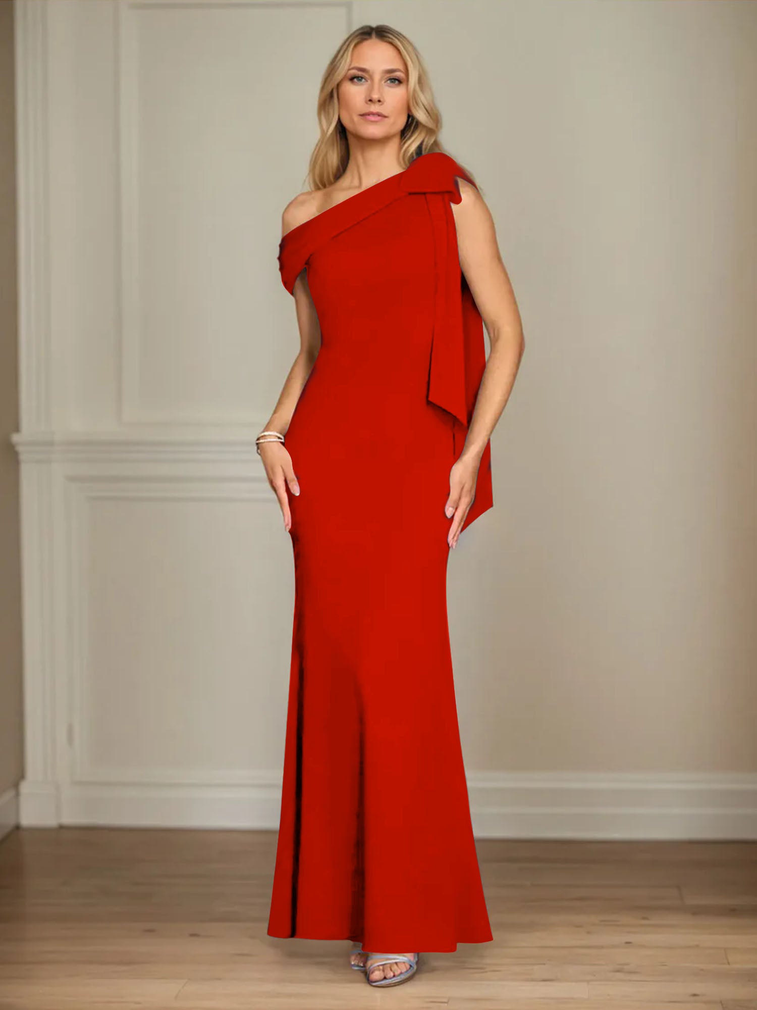 Mermaid One Shoulder Sleeveless Stretch Crepe Mother of the Bride Dress With Bow