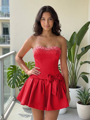 Fuchsia Pearl Corset Short Homecoming Dresses Large Waist Bow Lace Up Back