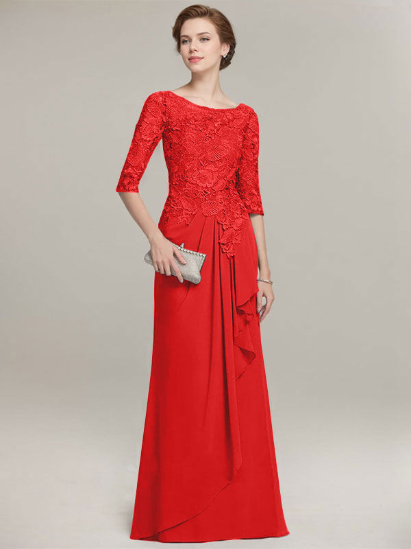 A-line Scoop Illusion Floor-Length Lace Chiffon Mother of the Bride Dress With Cascading Ruffles