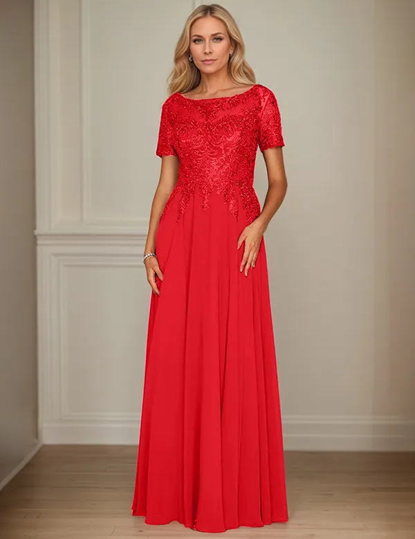 A Line Chiffon Boat Neck Short Sleeves Floor Length Mother of the Bride Dresses