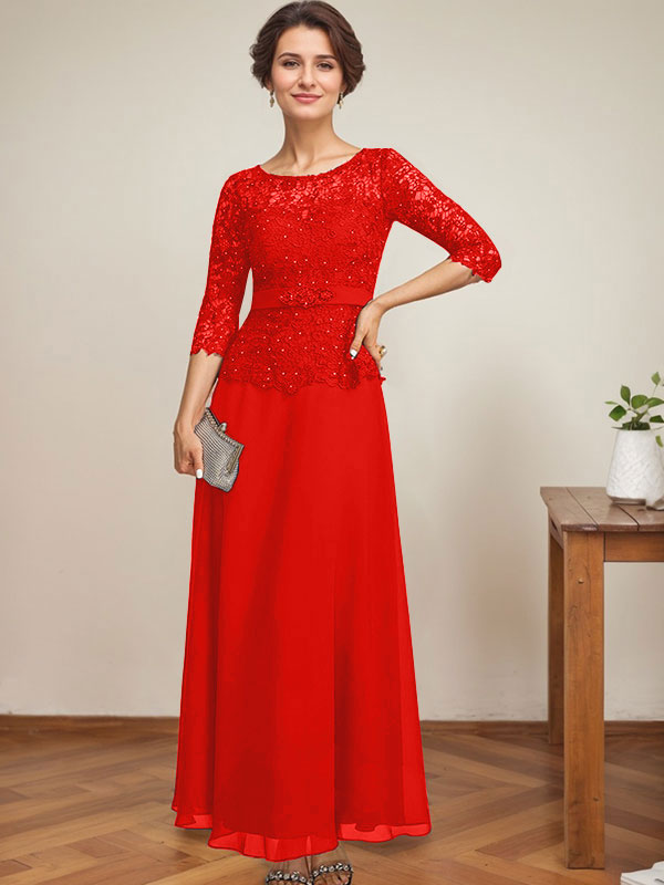 A-line Scoop Illusion Ankle-Length Chiffon Lace Mother of the Bride Dress With Rhinestone Beading