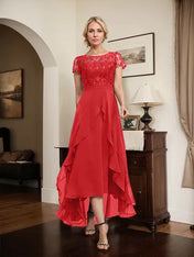 A-line Scoop Illusion Asymmetrical Chiffon Lace Mother of the Bride Dress With Bow Ruffle Sequins