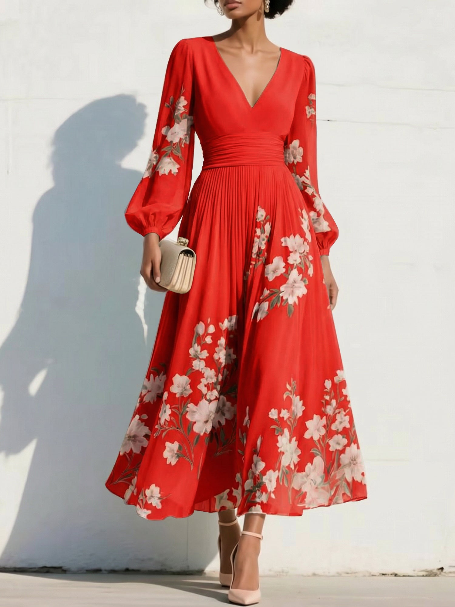 Elegant Floral V-Neck Pleated Midi Dress with Long Sleeves