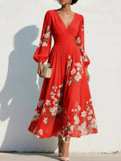 Elegant Floral V-Neck Pleated Midi Dress with Long Sleeves