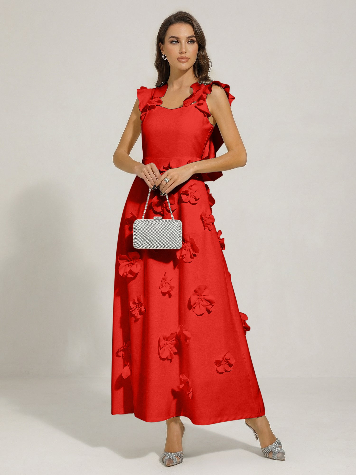 Chic White 3D Flowers A-Line Floor Length Stretch Crepe Dress with Pockets Maxi Dress