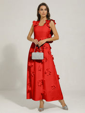 Chic White 3D Flowers A-Line Floor Length Stretch Crepe Dress with Pockets Maxi Dress