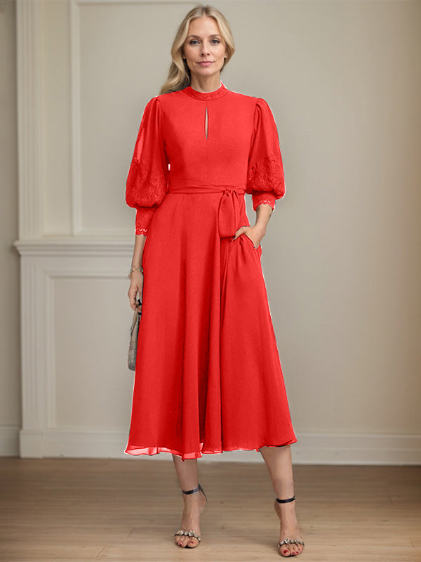 A-line High Neck Tea-Length Lace Chiffon Mother of the Bride Dress With Bow