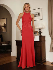 Dusty Blue Sheath Halter Long Mother of Bride Dress With Appliques