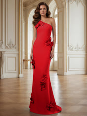 Cream One-Shoulder Prom Dress with Sculptural 3D Floral Appliqués