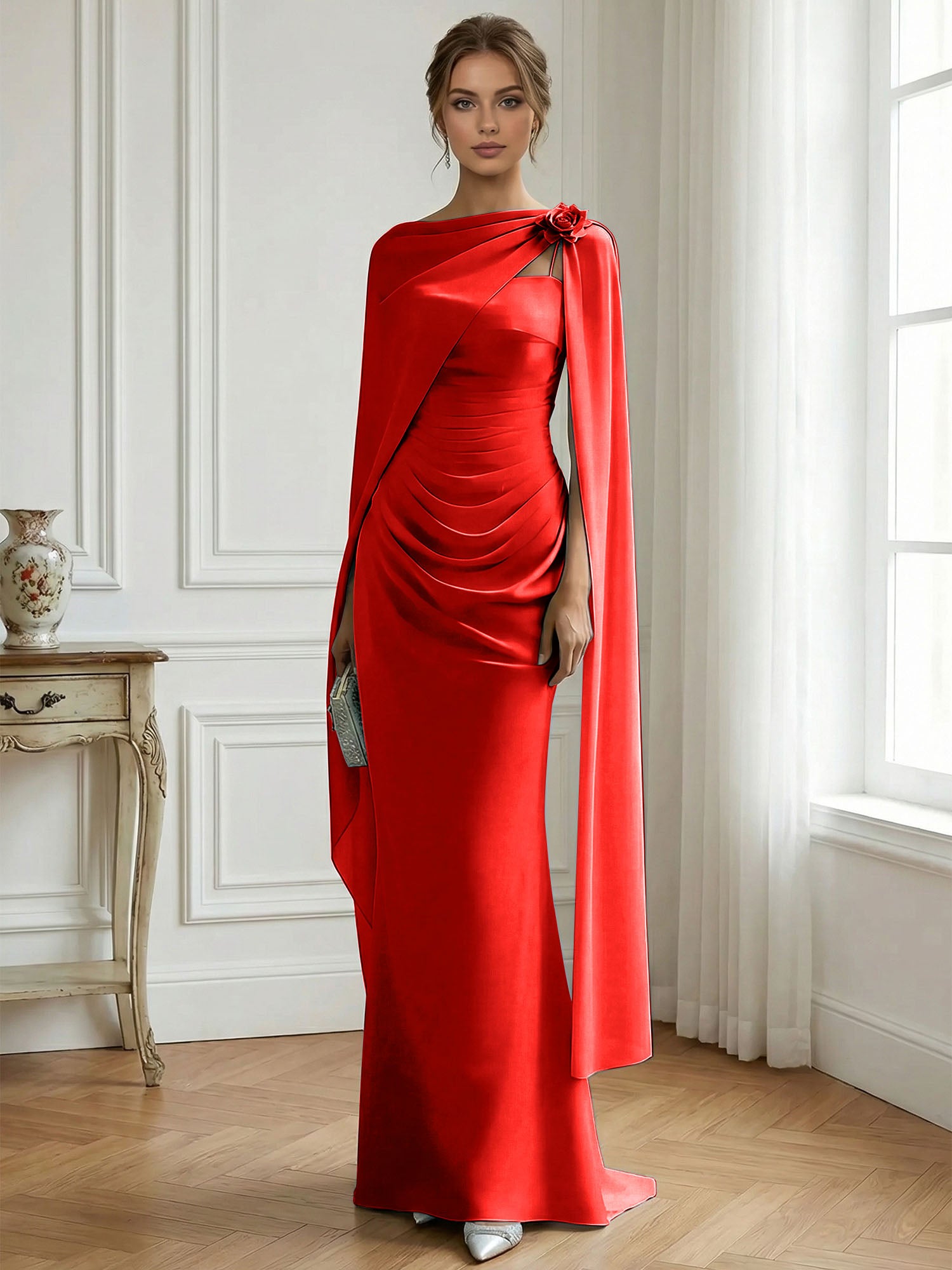 Formal Evening Gown Ice Blue Ruched Satin Maxi Dress with Sheer Floral Cape