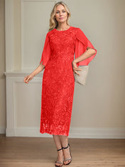 Sheath/Column Scoop Tea-Length Lace Chiffon Mother of the Bride Dress