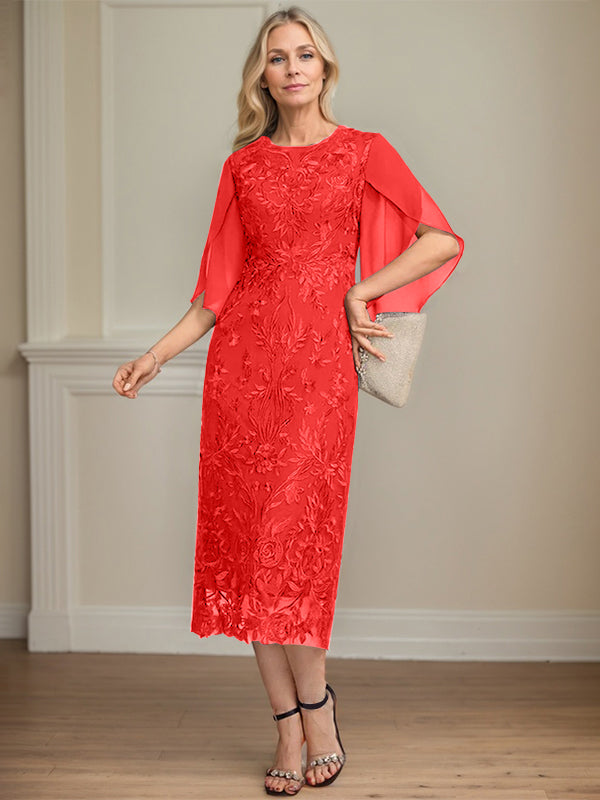 Column Scoop Tea-Length Lace Chiffon Mother of the Bride Dress