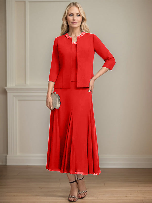 Separates A-line Scoop Tea-Length Chiffon Mother of the Bride Dress With Sequins Beading
