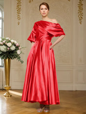 A-line Short Sleeves Pleated Ankle-Length Silk like Satin Mother of the Bride Dress