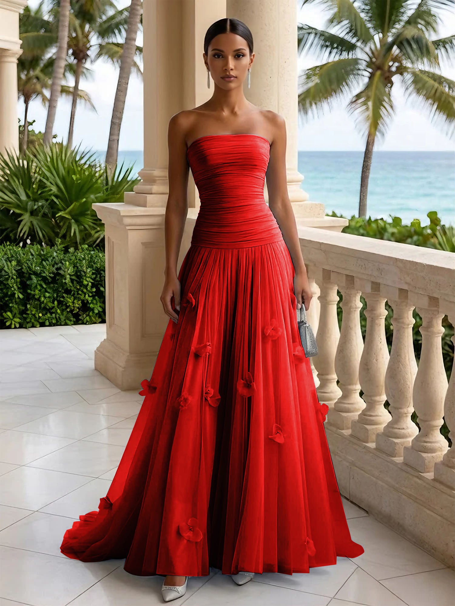 Light Blue Evening Dress with 3D Flower Strapless Pleat Maxi Dress