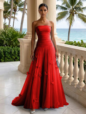 Light Blue Evening Dress with 3D Flower Strapless Pleat Maxi Dress