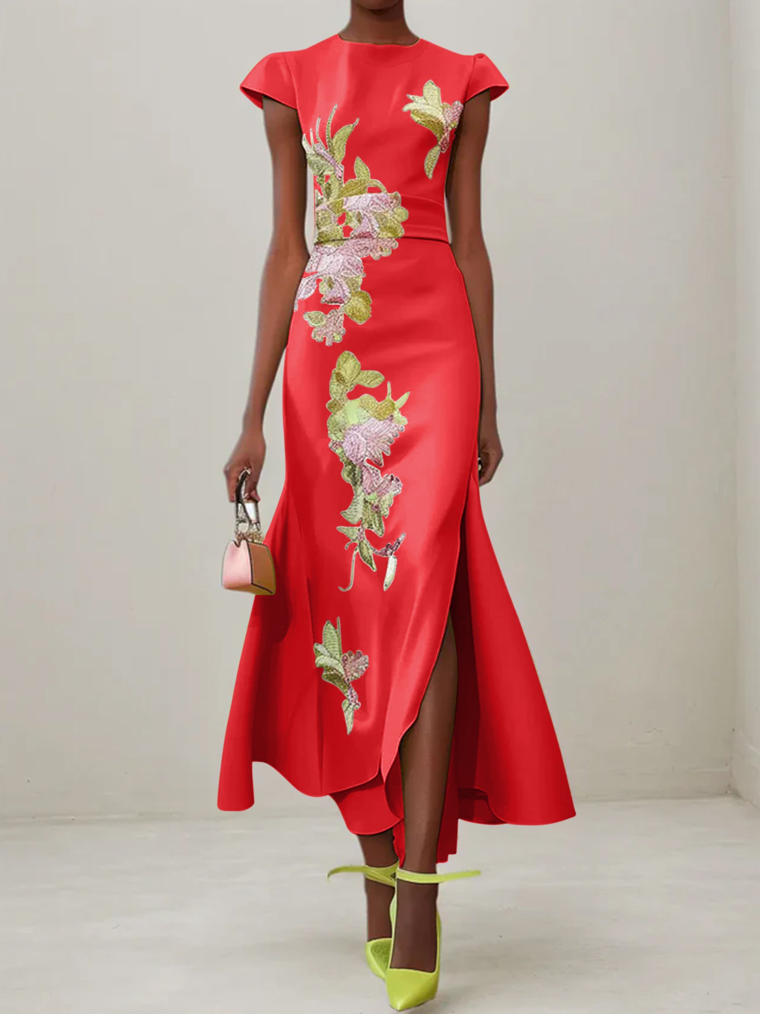 Green Floral Embroidered Cap Sleeve Slit Sheath Maxi Dress