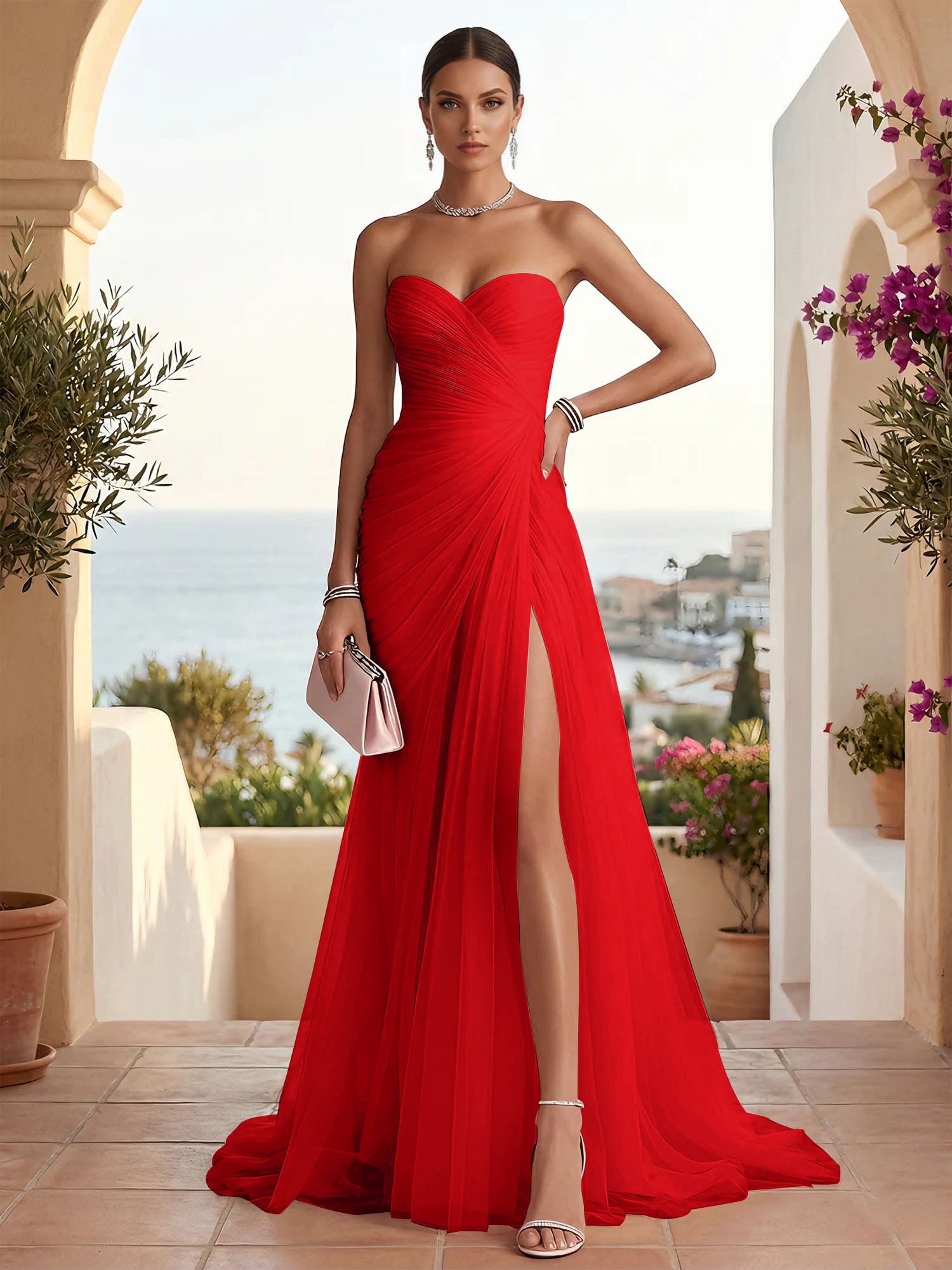 Strapless Sweetheart High Slit Tulle Pleat Prom Dress Evening Dresses