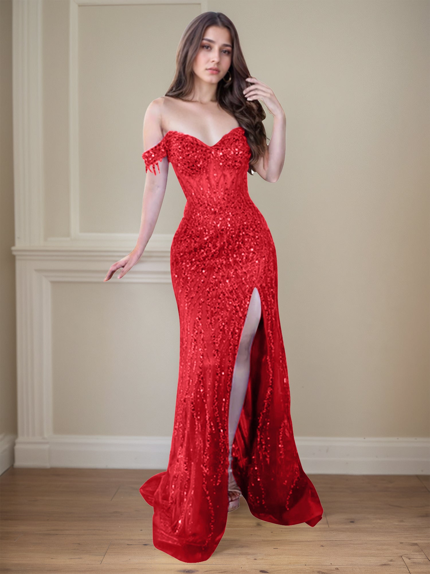 Red Off-the-Shoulder Beaded Tulle Long Prom Dress with Swirling Sequins