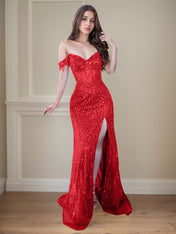 Red Off-the-Shoulder Beaded Tulle Long Prom Dress with Swirling Sequins