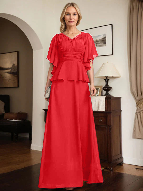 A-line V-Neck Floor-Length Chiffon Mother of the Bride Dress With Pleated Beading