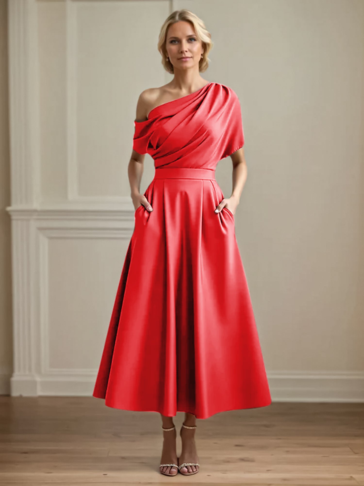 A Line Satin One Shoulder Pleated Ankle Length Mother of the Bride Dress