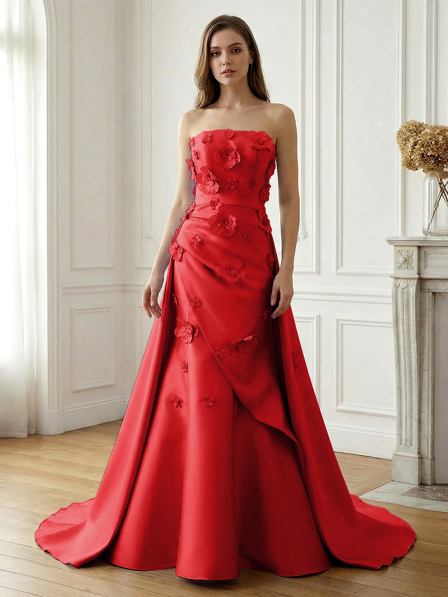 Lavender Satin 3D Floral Strapless A-Line Gown