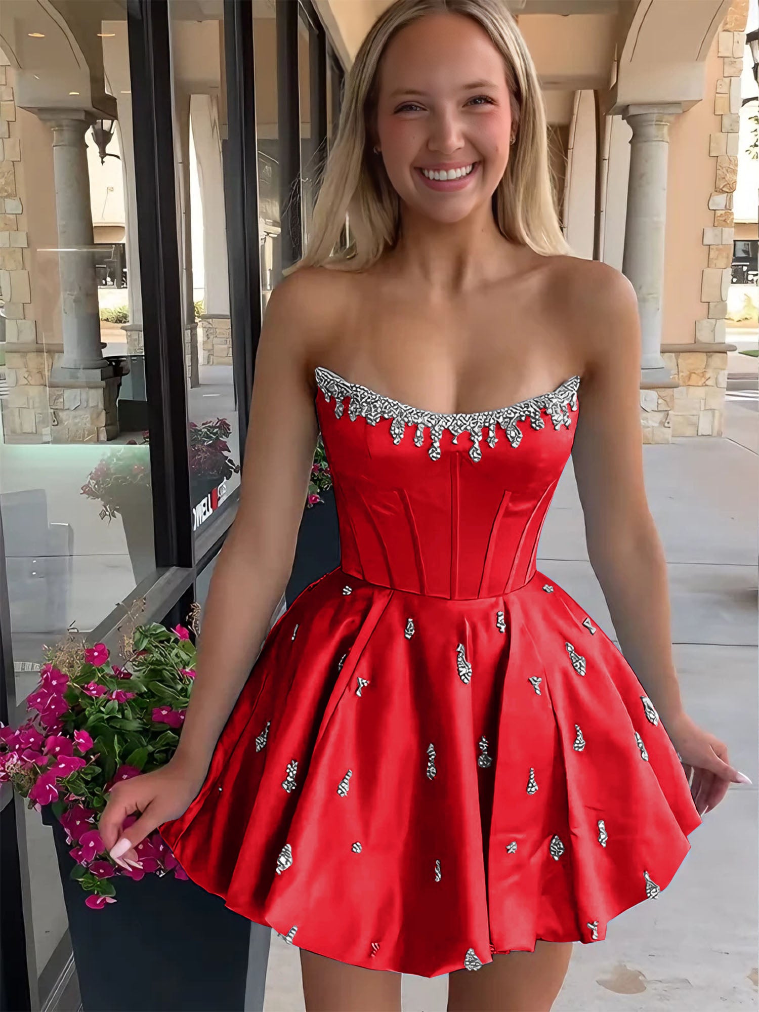 Sparkly Satin A Line Short Corset Homecoming Dress with Rhinestones