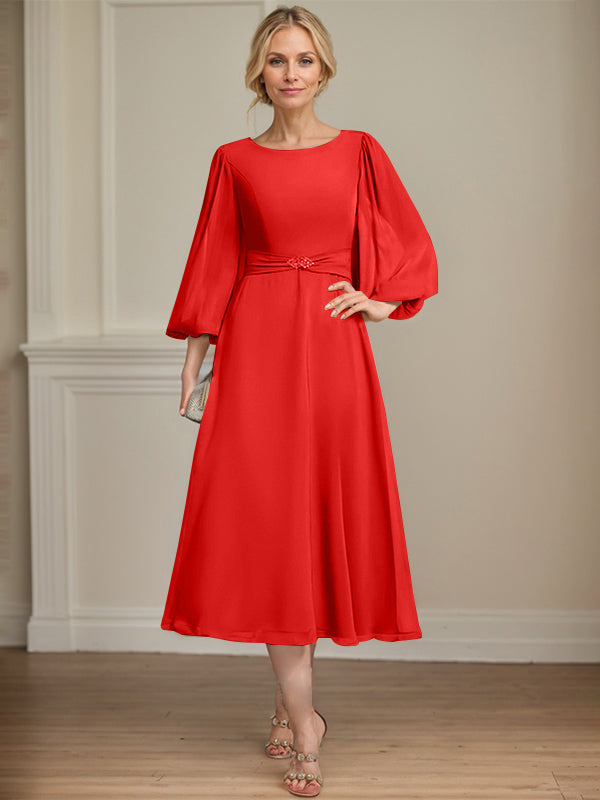 A-line Scoop Tea-Length Chiffon Mother of the Bride Dress With Crystal Brooch Pleated
