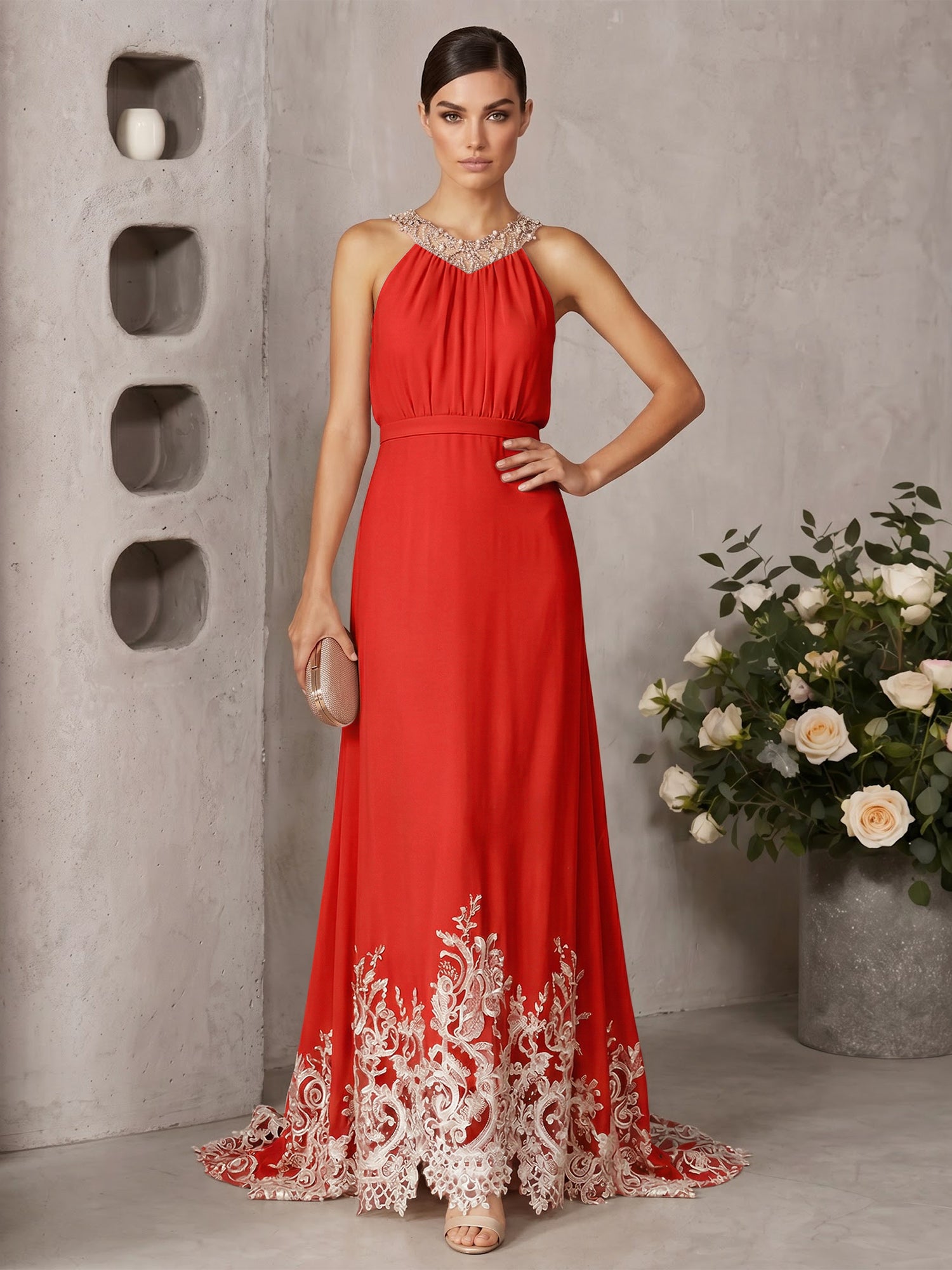 Pink Beaded Ruched Chiffon Halter Sleeveless A-Line Gown Maxi Dress