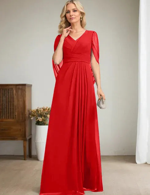 Robe longue bleu marine foncé à col en V et coupe trapèze pour mère de la mariée 